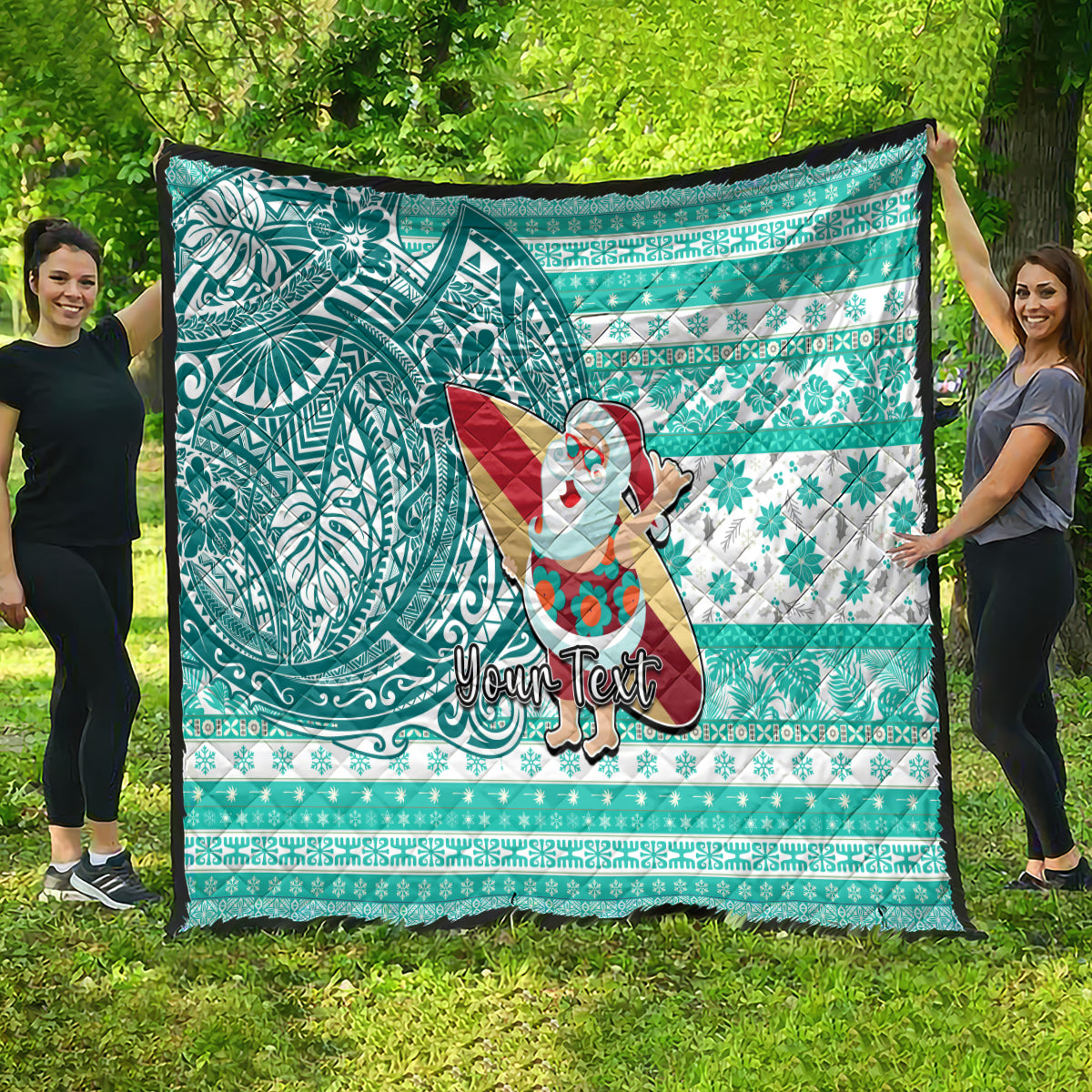Custom Hawaii Mele Kalikimaka Quilt Santa Claus Surfing with Hawaiian Pattern Striped Turquoise Style LT03 - Polynesian Pride