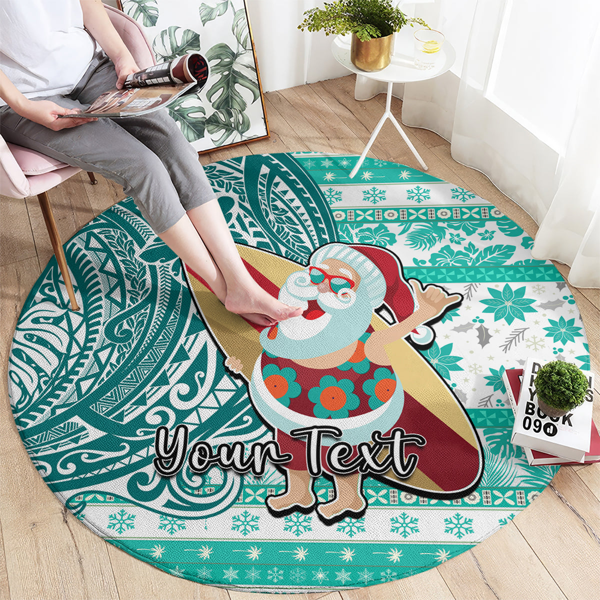 Custom Hawaii Mele Kalikimaka Round Carpet Santa Claus Surfing with Hawaiian Pattern Striped Turquoise Style LT03 - Polynesian Pride