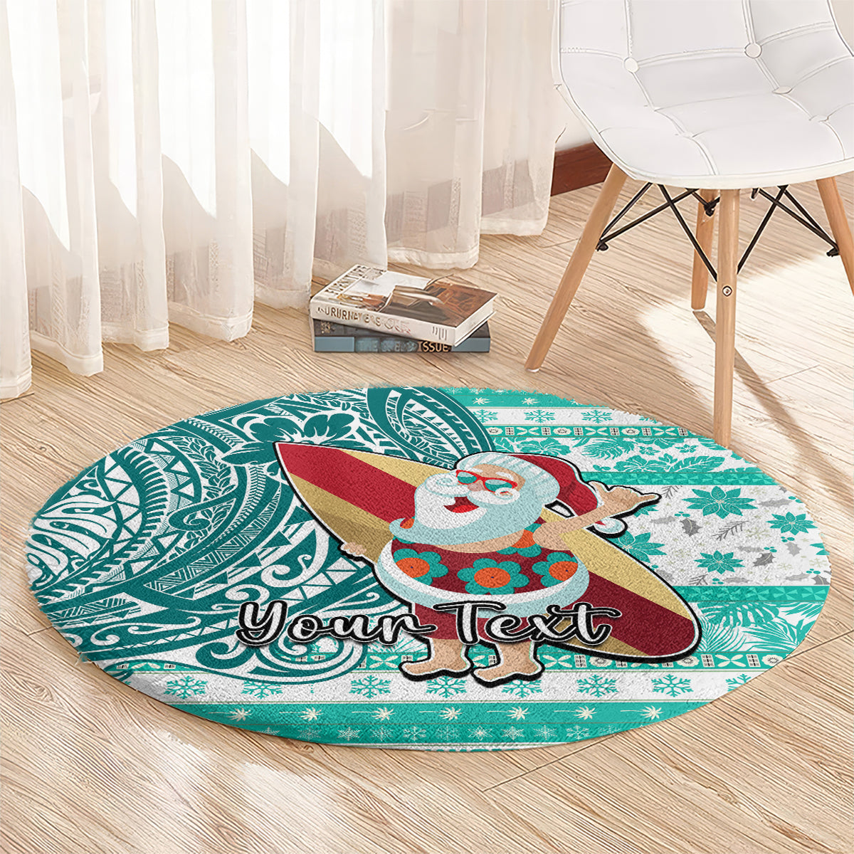 Custom Hawaii Mele Kalikimaka Round Carpet Santa Claus Surfing with Hawaiian Pattern Striped Turquoise Style LT03 - Polynesian Pride