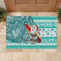 Custom Hawaii Mele Kalikimaka Rubber Doormat Santa Claus Surfing with Hawaiian Pattern Striped Turquoise Style LT03 - Polynesian Pride