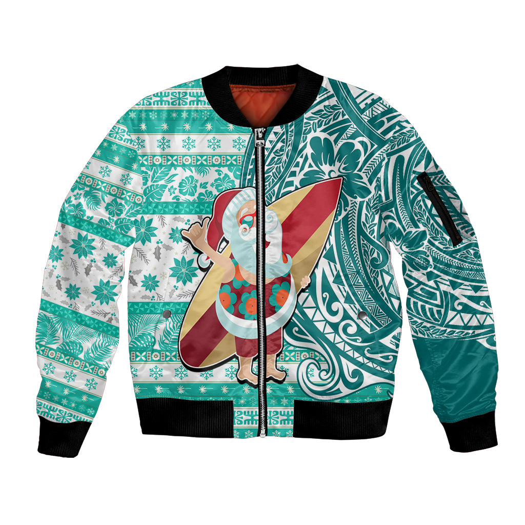 Custom Hawaii Mele Kalikimaka Sleeve Zip Bomber Jacket Santa Claus Surfing with Hawaiian Pattern Striped Turquoise Style LT03 Unisex Turquoise - Polynesian Pride
