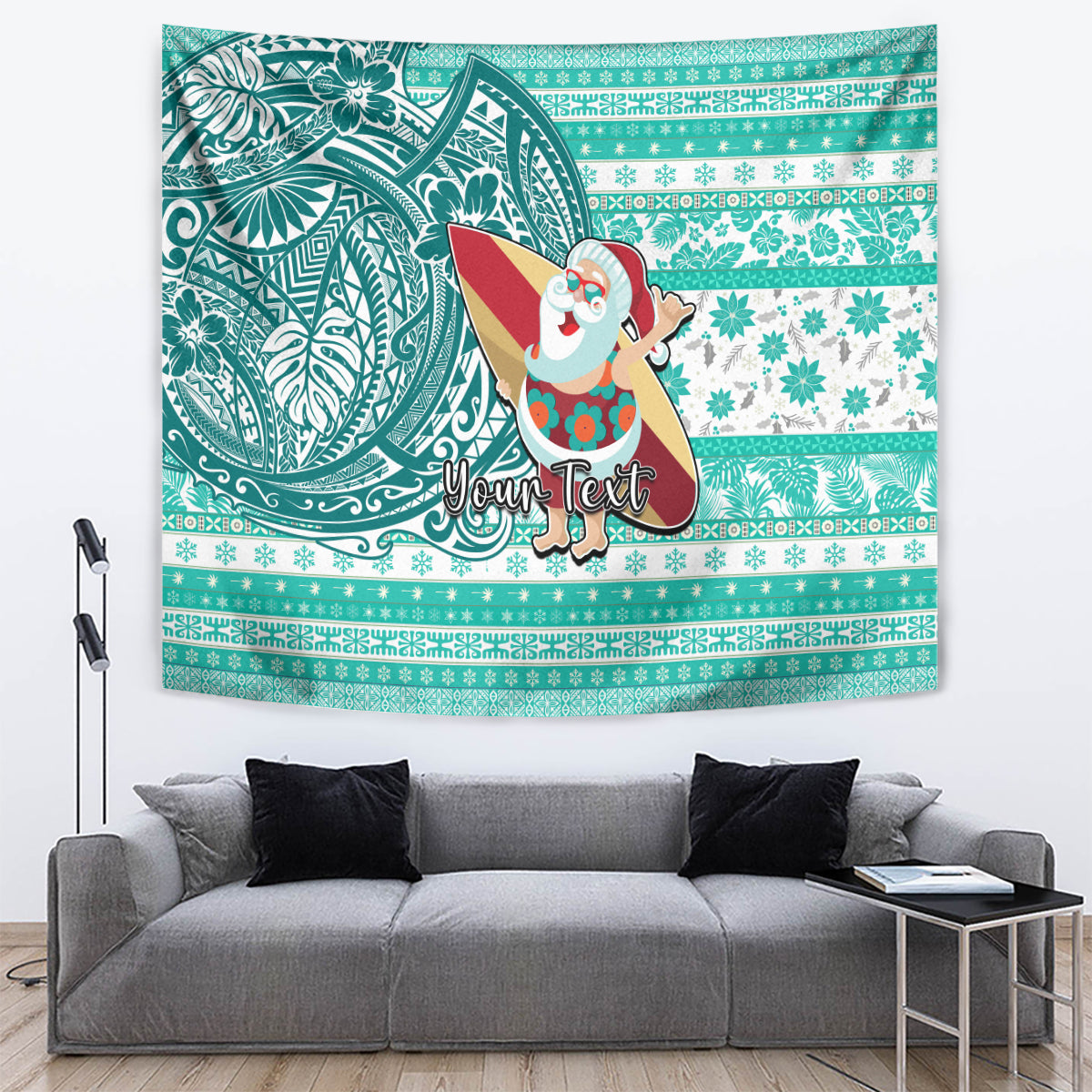 Custom Hawaii Mele Kalikimaka Tapestry Santa Claus Surfing with Hawaiian Pattern Striped Turquoise Style LT03 - Polynesian Pride
