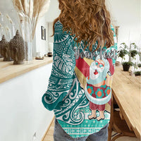 Custom Hawaii Mele Kalikimaka Women Casual Shirt Santa Claus Surfing with Hawaiian Pattern Striped Turquoise Style LT03 - Polynesian Pride