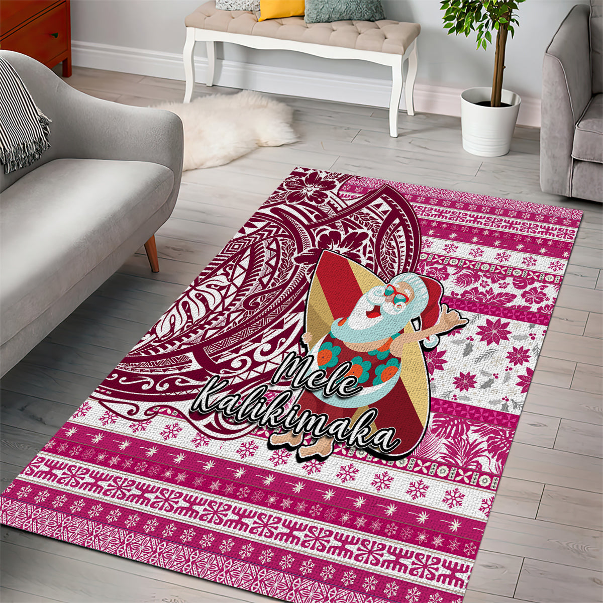 Hawaii Mele Kalikimaka Area Rug Santa Claus Surfing with Hawaiian Pattern Striped Pink Style LT03 - Polynesian Pride