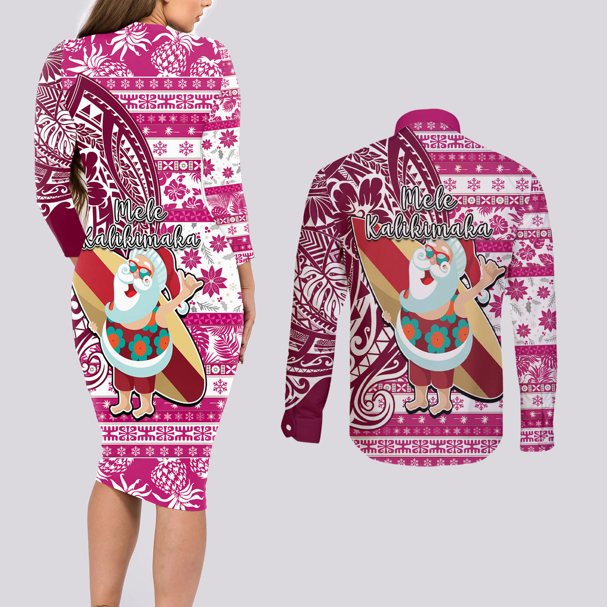 Hawaii Mele Kalikimaka Couples Matching Long Sleeve Bodycon Dress and Long Sleeve Button Shirt Santa Claus Surfing with Hawaiian Pattern Striped Pink Style LT03 - Polynesian Pride