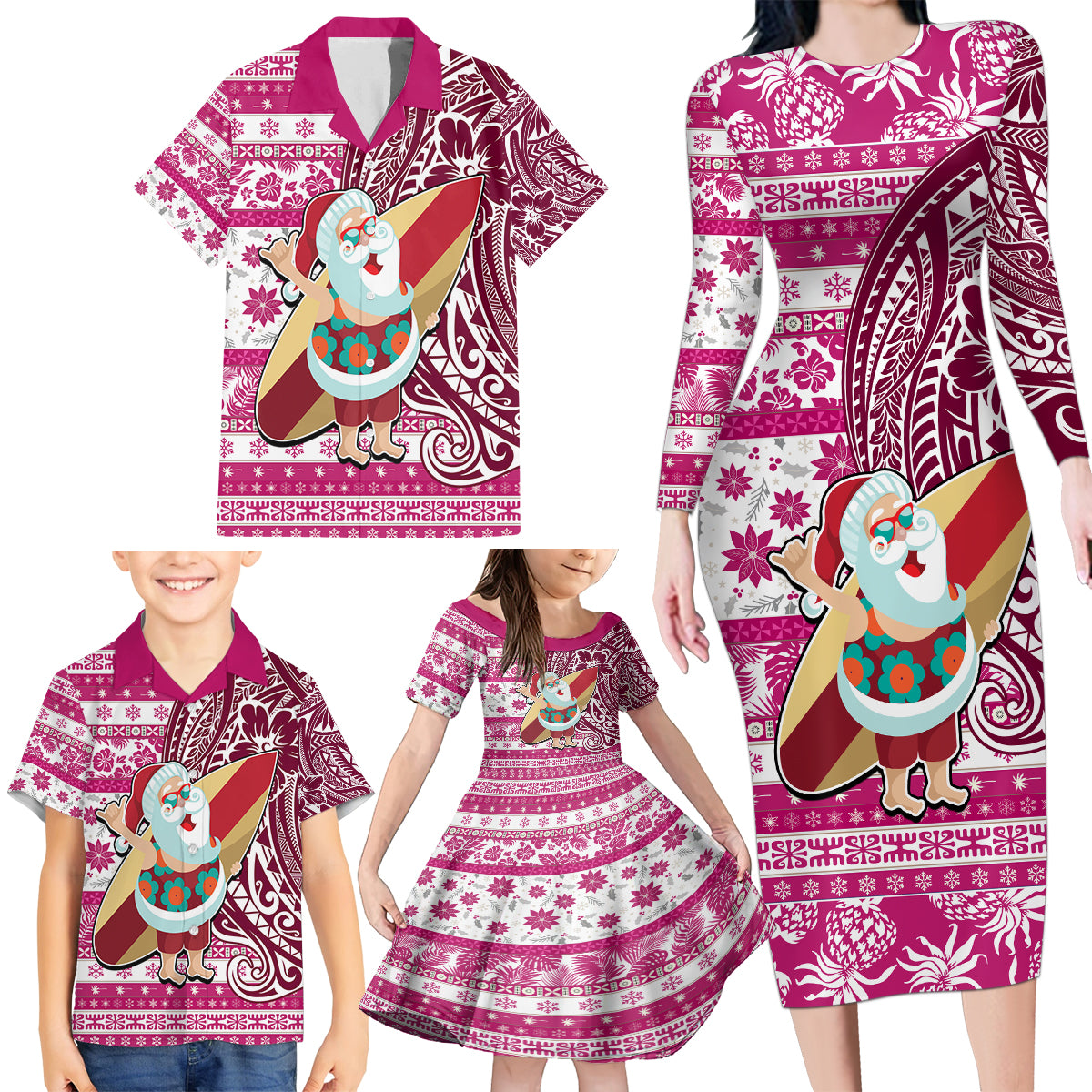 Hawaii Mele Kalikimaka Family Matching Long Sleeve Bodycon Dress and Hawaiian Shirt Santa Claus Surfing with Hawaiian Pattern Striped Pink Style LT03 - Polynesian Pride