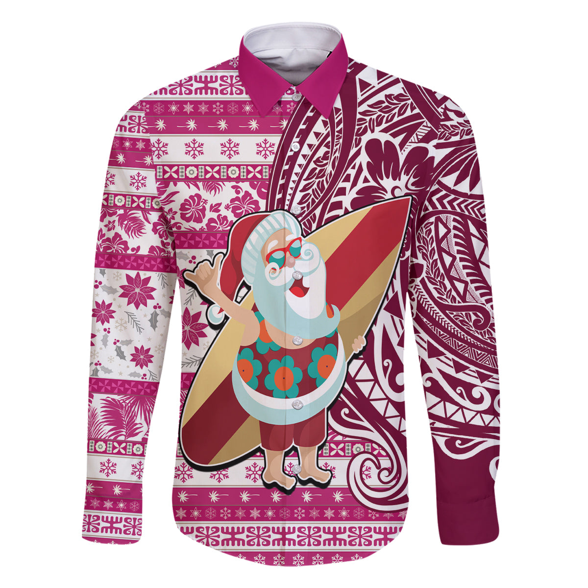 Hawaii Mele Kalikimaka Family Matching Long Sleeve Bodycon Dress and Hawaiian Shirt Santa Claus Surfing with Hawaiian Pattern Striped Pink Style LT03 Dad's Shirt - Long Sleeve Pink - Polynesian Pride