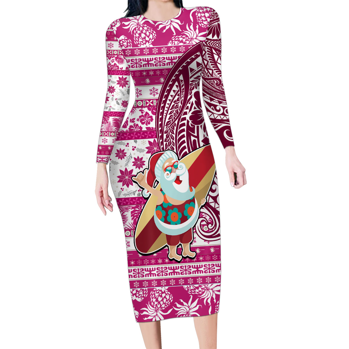 Hawaii Mele Kalikimaka Family Matching Long Sleeve Bodycon Dress and Hawaiian Shirt Santa Claus Surfing with Hawaiian Pattern Striped Pink Style LT03 Mom's Dress Pink - Polynesian Pride
