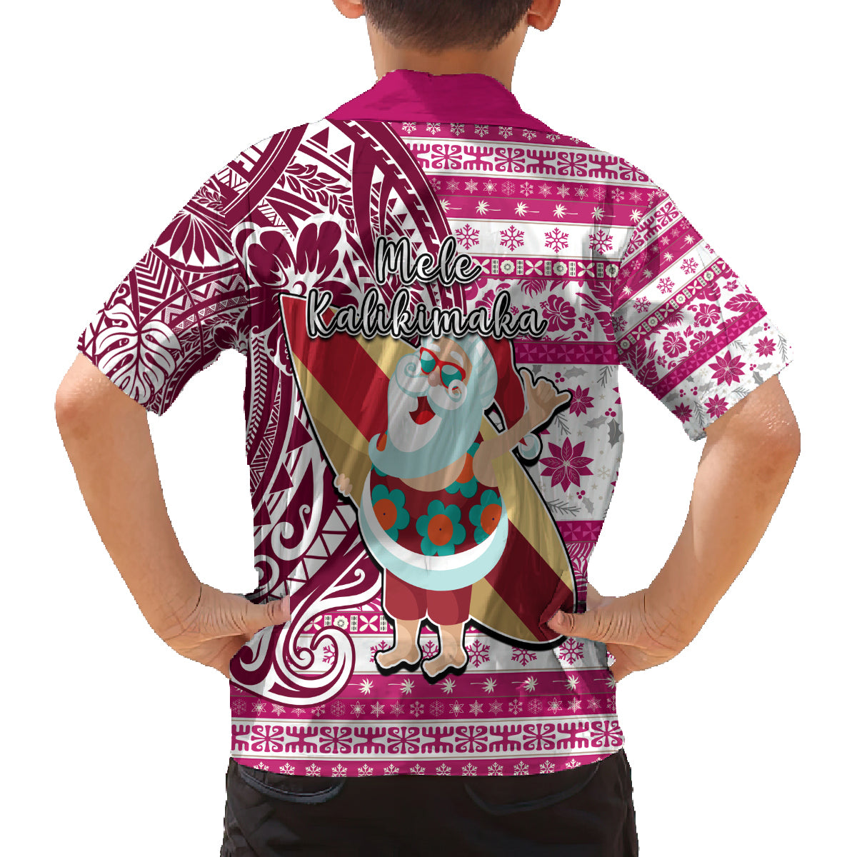 Hawaii Mele Kalikimaka Family Matching Off Shoulder Long Sleeve Dress and Hawaiian Shirt Santa Claus Surfing with Hawaiian Pattern Striped Pink Style LT03 - Polynesian Pride