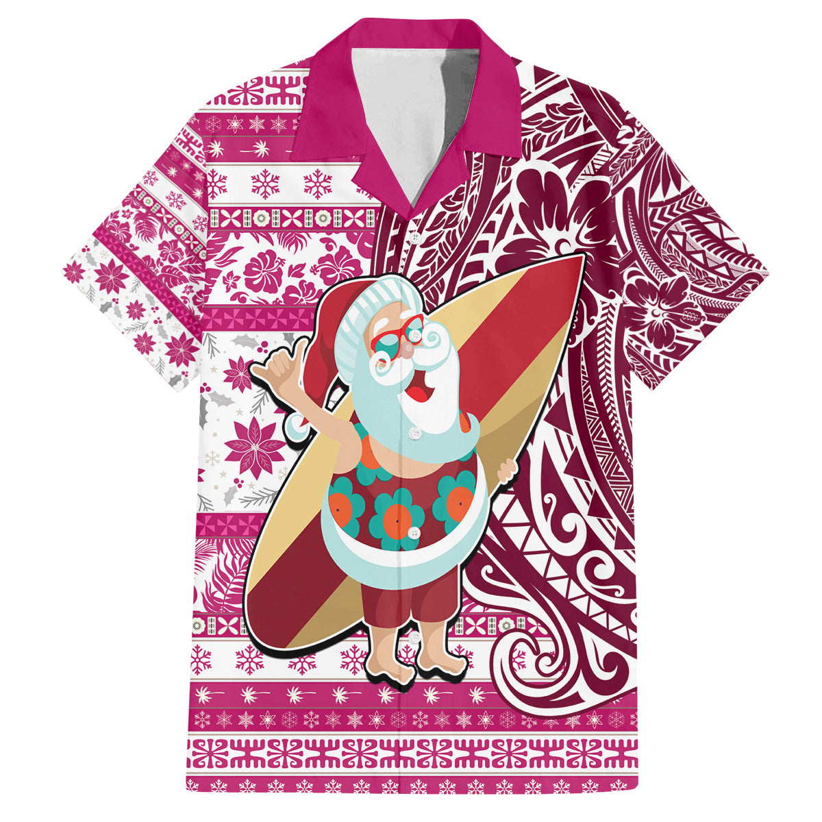 Hawaii Mele Kalikimaka Family Matching Off Shoulder Maxi Dress and Hawaiian Shirt Santa Claus Surfing with Hawaiian Pattern Striped Pink Style LT03 Dad's Shirt - Short Sleeve Pink - Polynesian Pride