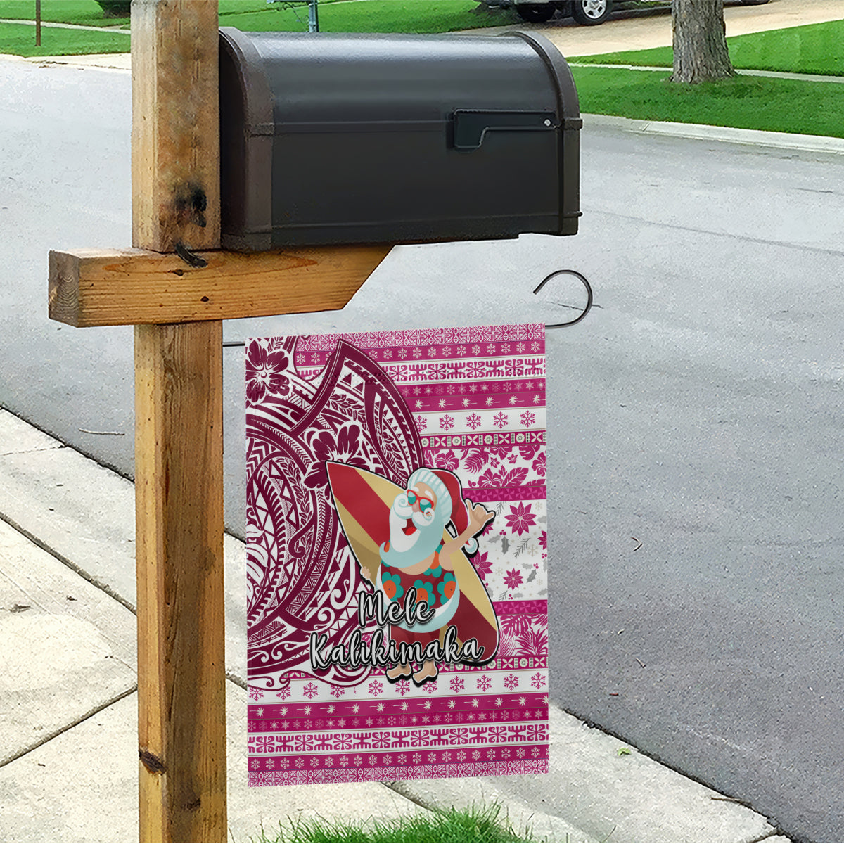 Hawaii Mele Kalikimaka Garden Flag Santa Claus Surfing with Hawaiian Pattern Striped Pink Style LT03 - Polynesian Pride