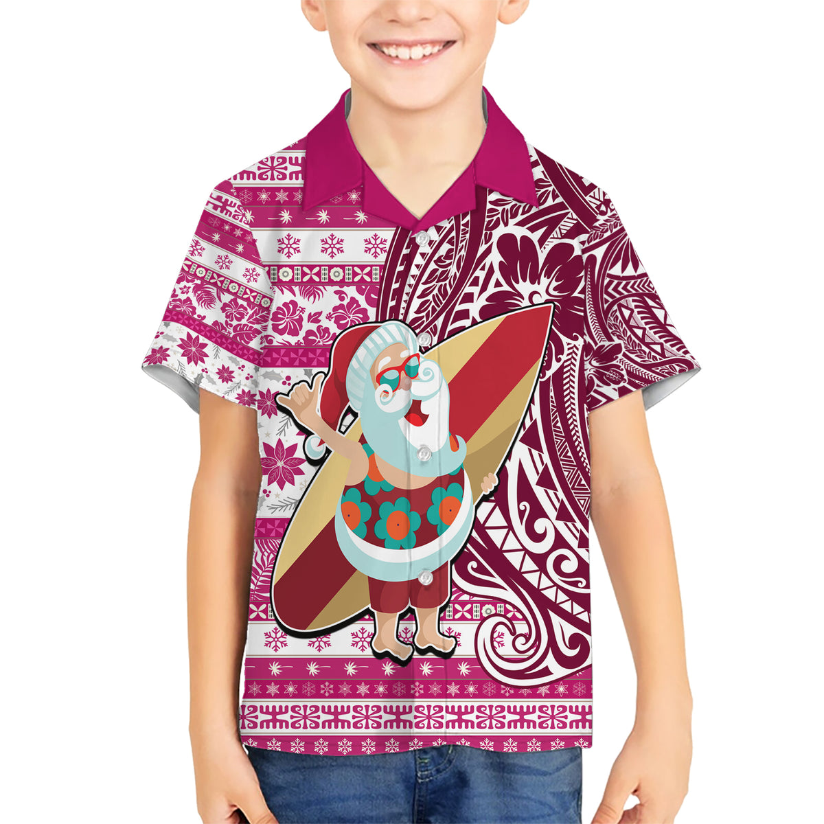 Hawaii Mele Kalikimaka Kid Hawaiian Shirt Santa Claus Surfing with Hawaiian Pattern Striped Pink Style LT03 Kid Pink - Polynesian Pride