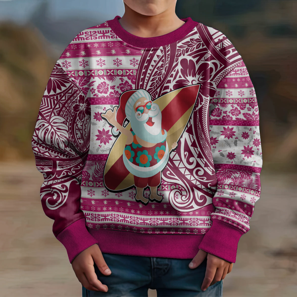 Hawaii Mele Kalikimaka Kid Ugly Christmas Sweater Santa Claus Surfing with Hawaiian Pattern Striped Pink Style LT03 - Polynesian Pride