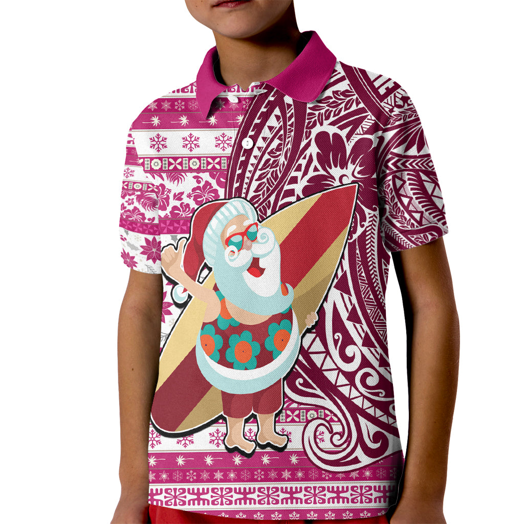 Hawaii Mele Kalikimaka Kid Polo Shirt Santa Claus Surfing with Hawaiian Pattern Striped Pink Style LT03 Kid Pink - Polynesian Pride