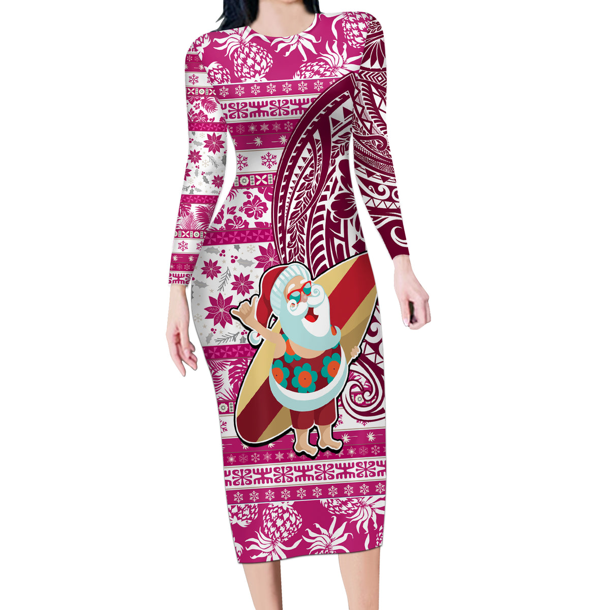 Hawaii Mele Kalikimaka Long Sleeve Bodycon Dress Santa Claus Surfing with Hawaiian Pattern Striped Pink Style LT03 Long Dress Pink - Polynesian Pride