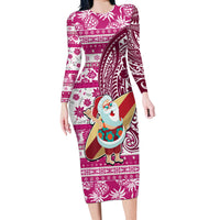 Hawaii Mele Kalikimaka Long Sleeve Bodycon Dress Santa Claus Surfing with Hawaiian Pattern Striped Pink Style LT03 Long Dress Pink - Polynesian Pride
