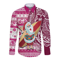 Hawaii Mele Kalikimaka Long Sleeve Button Shirt Santa Claus Surfing with Hawaiian Pattern Striped Pink Style LT03 Unisex Pink - Polynesian Pride