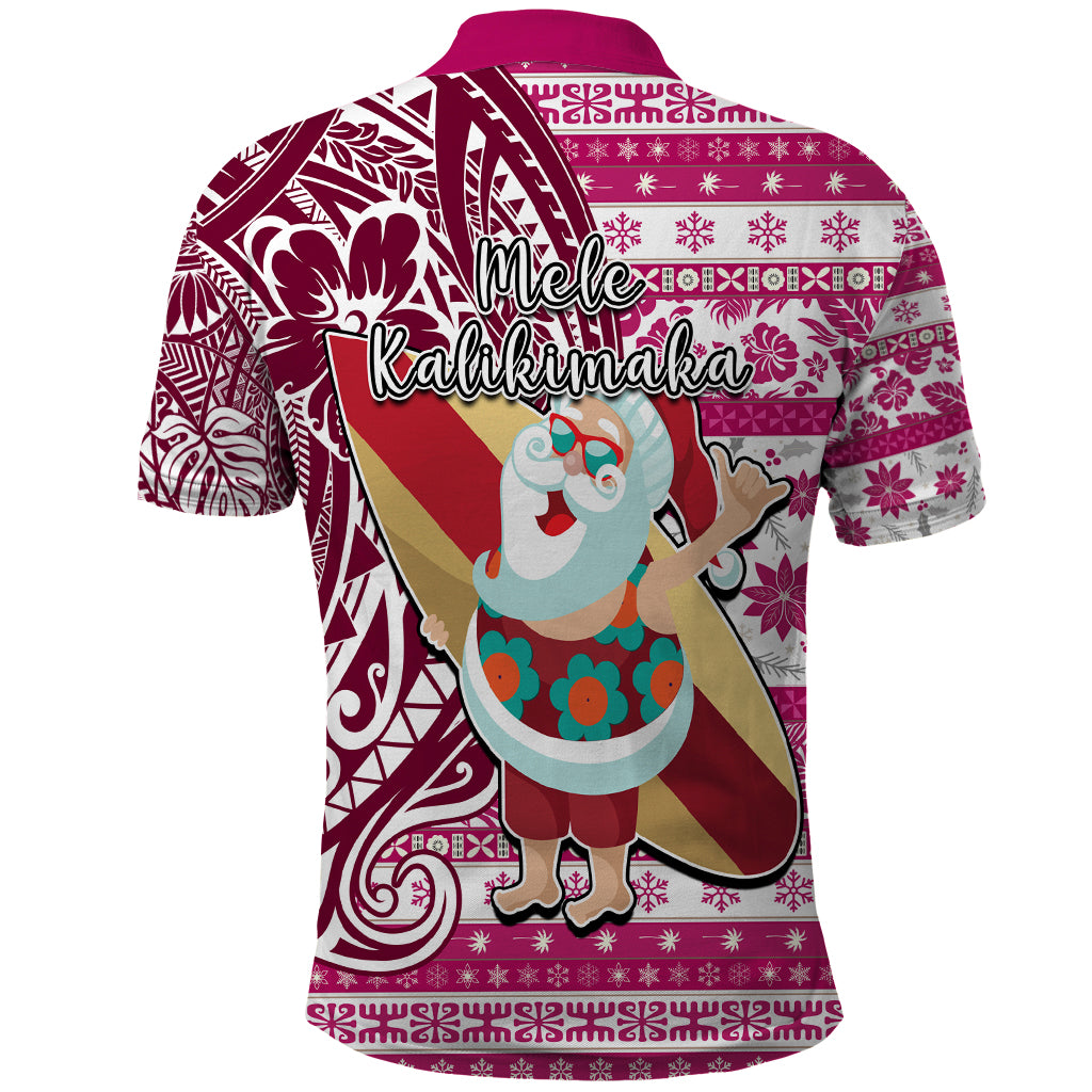 Hawaii Mele Kalikimaka Polo Shirt Santa Claus Surfing with Hawaiian Pattern Striped Pink Style LT03 - Polynesian Pride