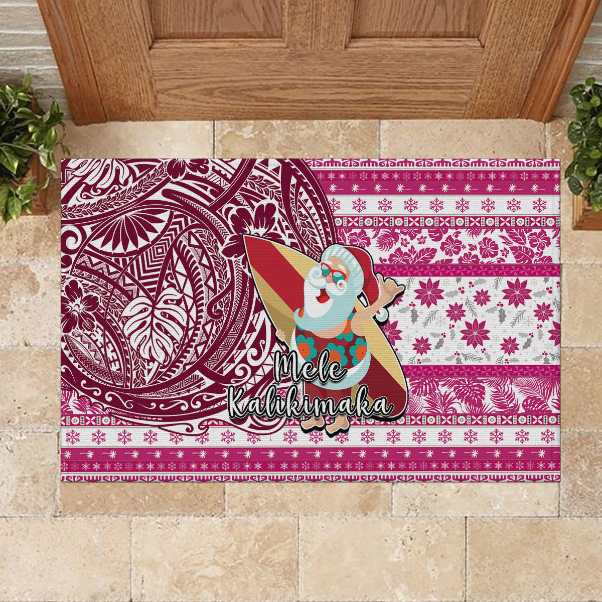 Hawaii Mele Kalikimaka Rubber Doormat Santa Claus Surfing with Hawaiian Pattern Striped Pink Style LT03 - Polynesian Pride