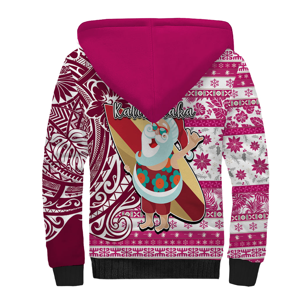 Hawaii Mele Kalikimaka Sherpa Hoodie Santa Claus Surfing with Hawaiian Pattern Striped Pink Style LT03 - Polynesian Pride