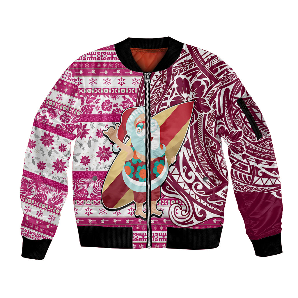 Hawaii Mele Kalikimaka Sleeve Zip Bomber Jacket Santa Claus Surfing with Hawaiian Pattern Striped Pink Style LT03 Unisex Pink - Polynesian Pride