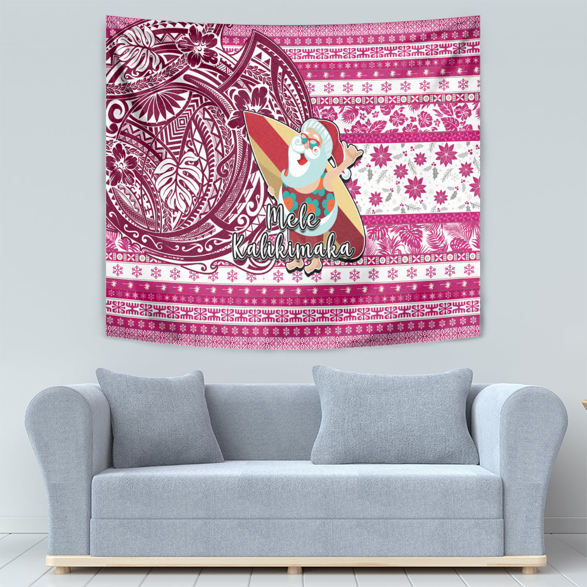 Hawaii Mele Kalikimaka Tapestry Santa Claus Surfing with Hawaiian Pattern Striped Pink Style LT03 - Polynesian Pride