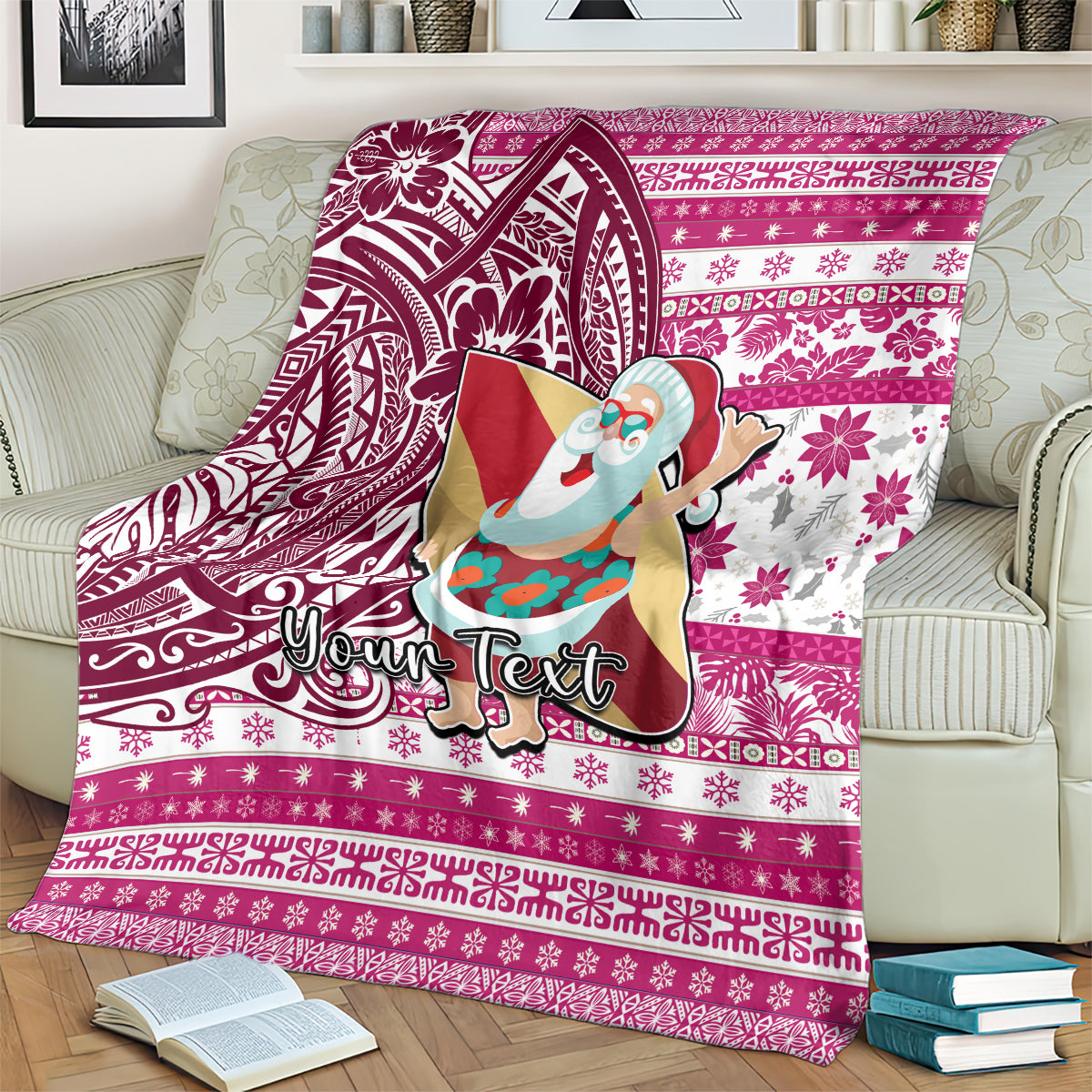 Custom Hawaii Mele Kalikimaka Blanket Santa Claus Surfing with Hawaiian Pattern Striped Pink Style LT03 - Polynesian Pride