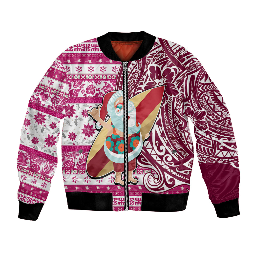 Custom Hawaii Mele Kalikimaka Bomber Jacket Santa Claus Surfing with Hawaiian Pattern Striped Pink Style LT03 Unisex Pink - Polynesian Pride
