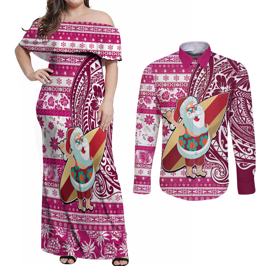 Custom Hawaii Mele Kalikimaka Couples Matching Off Shoulder Maxi Dress and Long Sleeve Button Shirt Santa Claus Surfing with Hawaiian Pattern Striped Pink Style LT03 Pink - Polynesian Pride