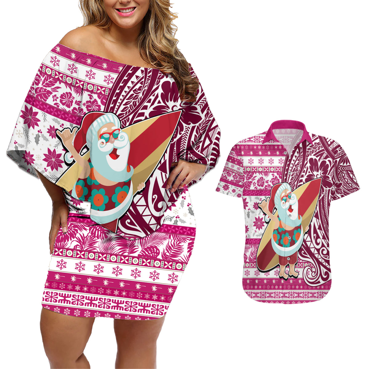 Custom Hawaii Mele Kalikimaka Couples Matching Off Shoulder Short Dress and Hawaiian Shirt Santa Claus Surfing with Hawaiian Pattern Striped Pink Style LT03 Pink - Polynesian Pride