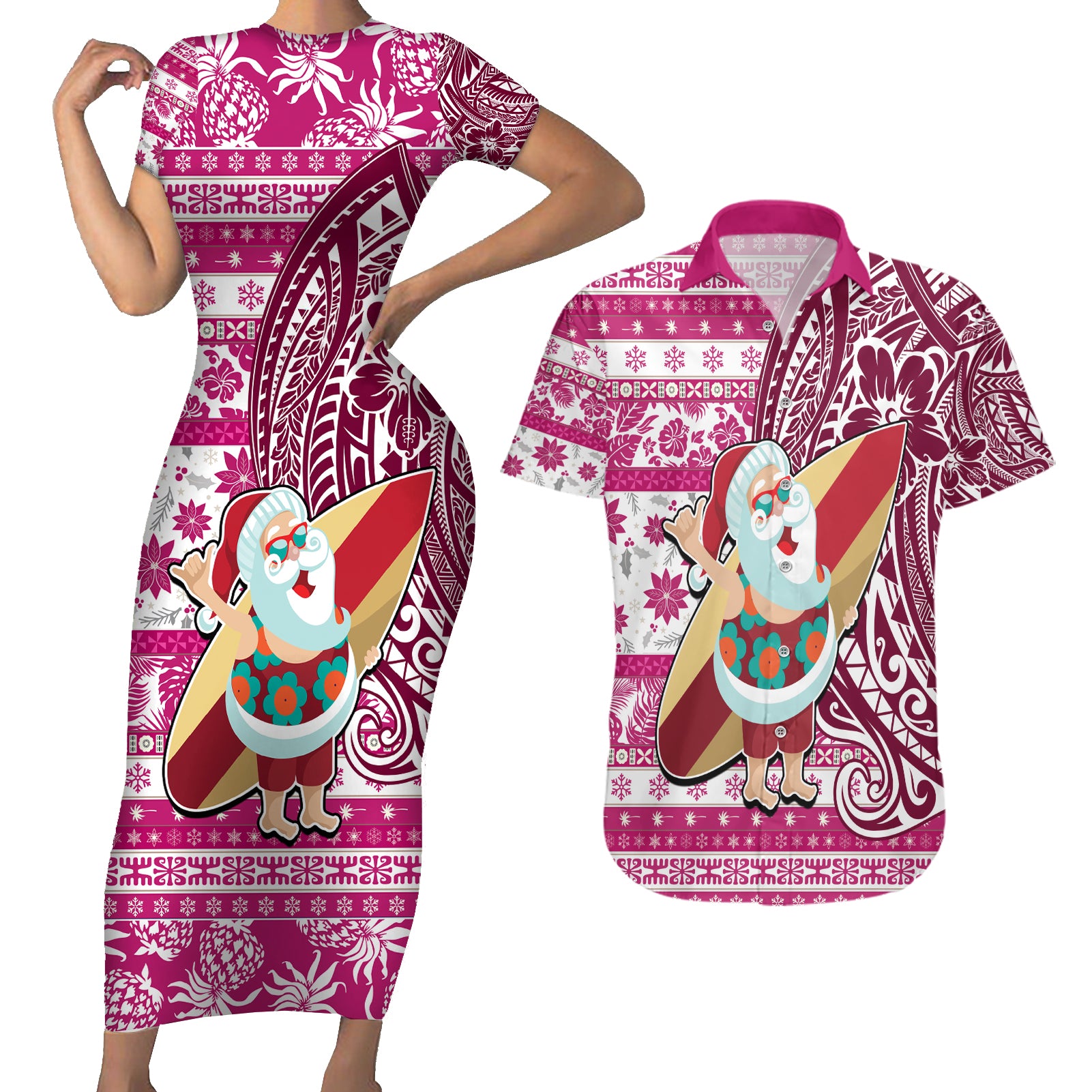 Custom Hawaii Mele Kalikimaka Couples Matching Short Sleeve Bodycon Dress and Hawaiian Shirt Santa Claus Surfing with Hawaiian Pattern Striped Pink Style LT03 Pink - Polynesian Pride