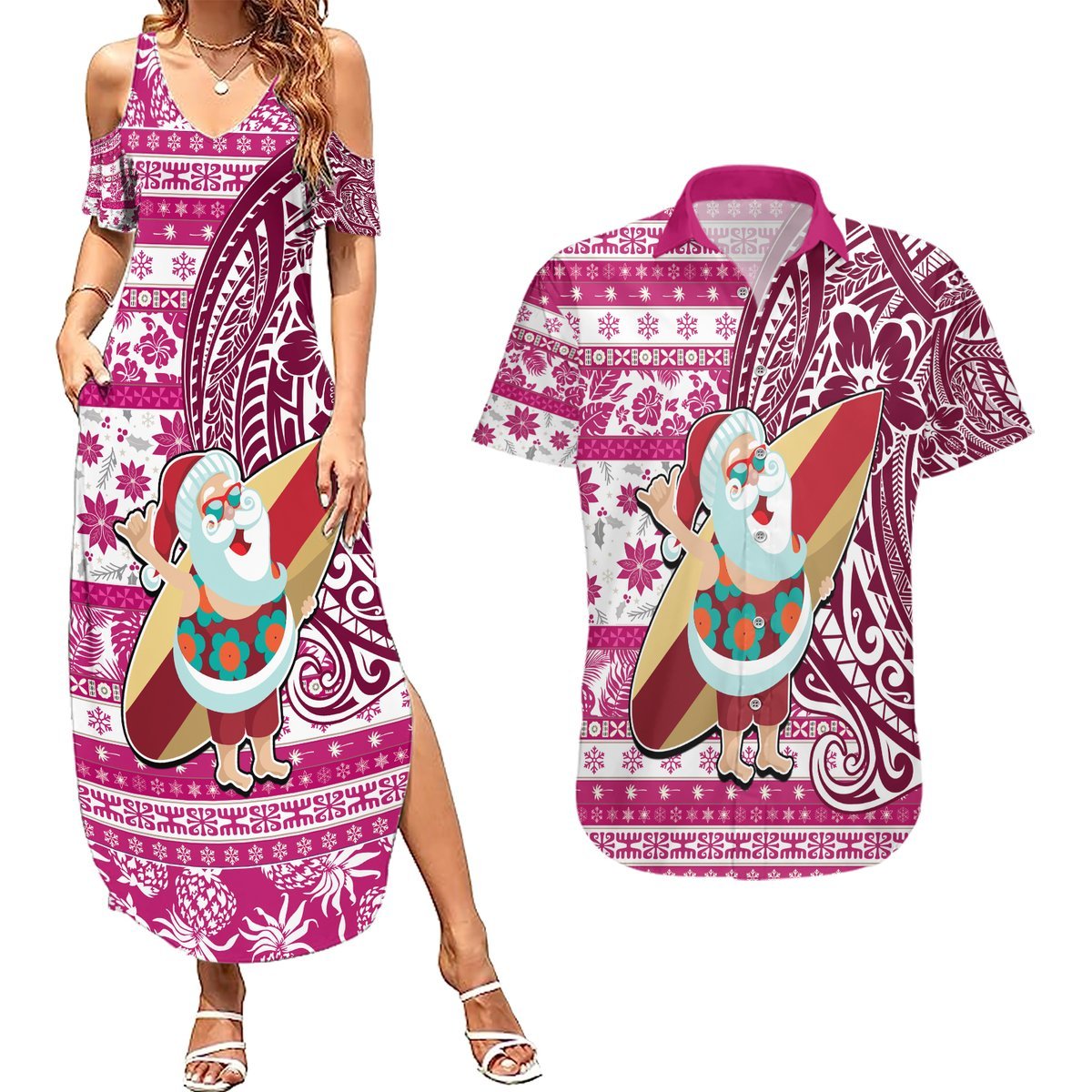 Custom Hawaii Mele Kalikimaka Couples Matching Summer Maxi Dress and Hawaiian Shirt Santa Claus Surfing with Hawaiian Pattern Striped Pink Style LT03 Pink - Polynesian Pride