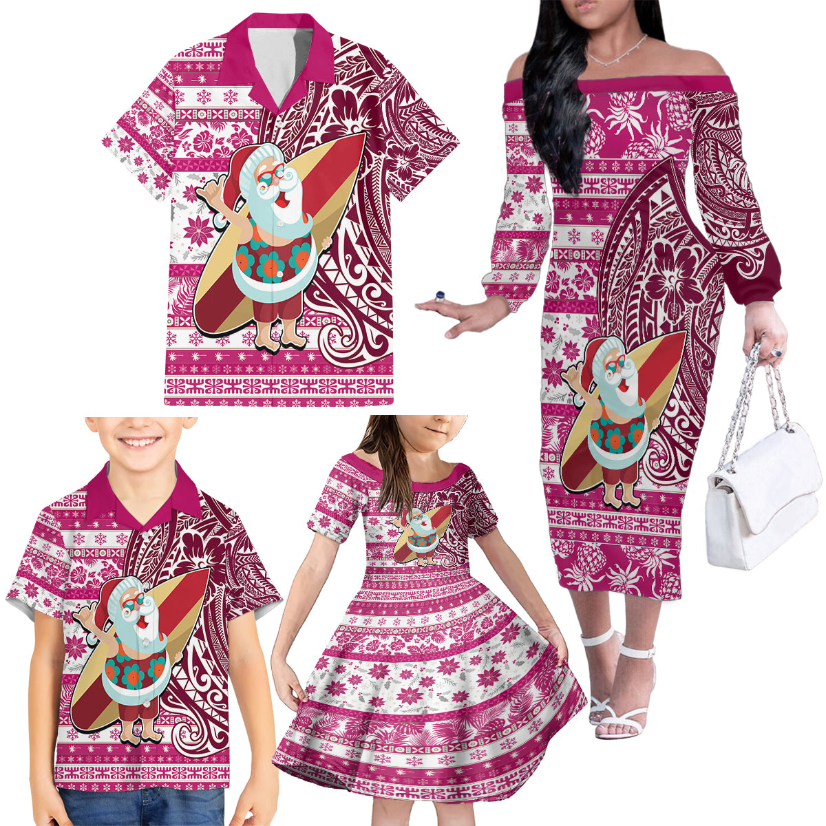 Custom Hawaii Mele Kalikimaka Family Matching Off Shoulder Long Sleeve Dress and Hawaiian Shirt Santa Claus Surfing with Hawaiian Pattern Striped Pink Style LT03 - Polynesian Pride