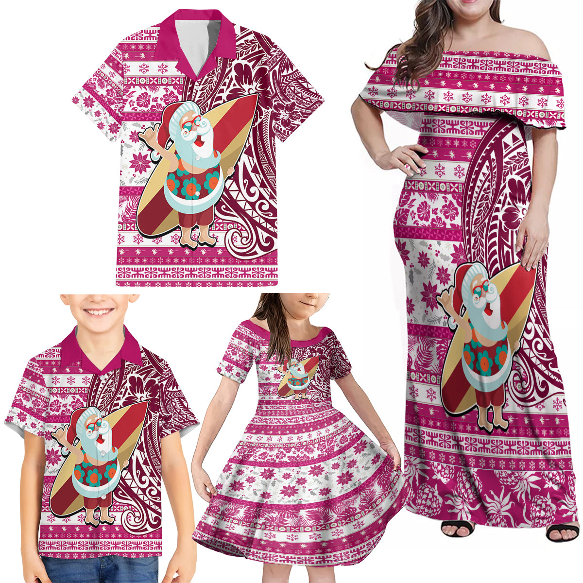 Custom Hawaii Mele Kalikimaka Family Matching Off Shoulder Maxi Dress and Hawaiian Shirt Santa Claus Surfing with Hawaiian Pattern Striped Pink Style LT03 - Polynesian Pride