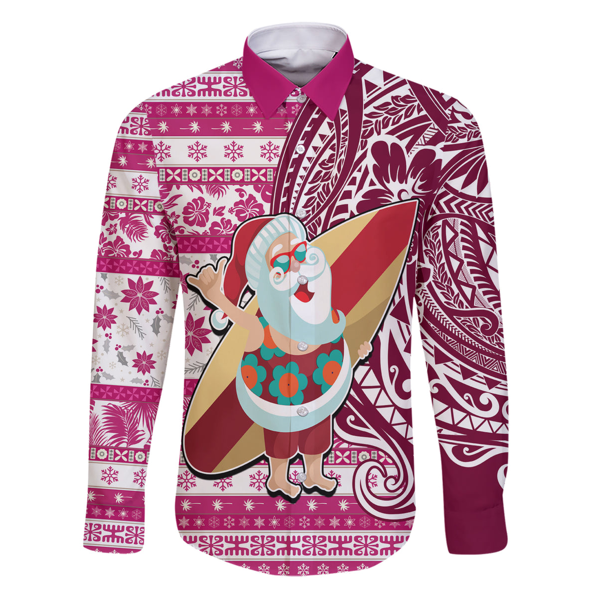 Custom Hawaii Mele Kalikimaka Family Matching Short Sleeve Bodycon Dress and Hawaiian Shirt Santa Claus Surfing with Hawaiian Pattern Striped Pink Style LT03 Dad's Shirt - Long Sleeve Pink - Polynesian Pride
