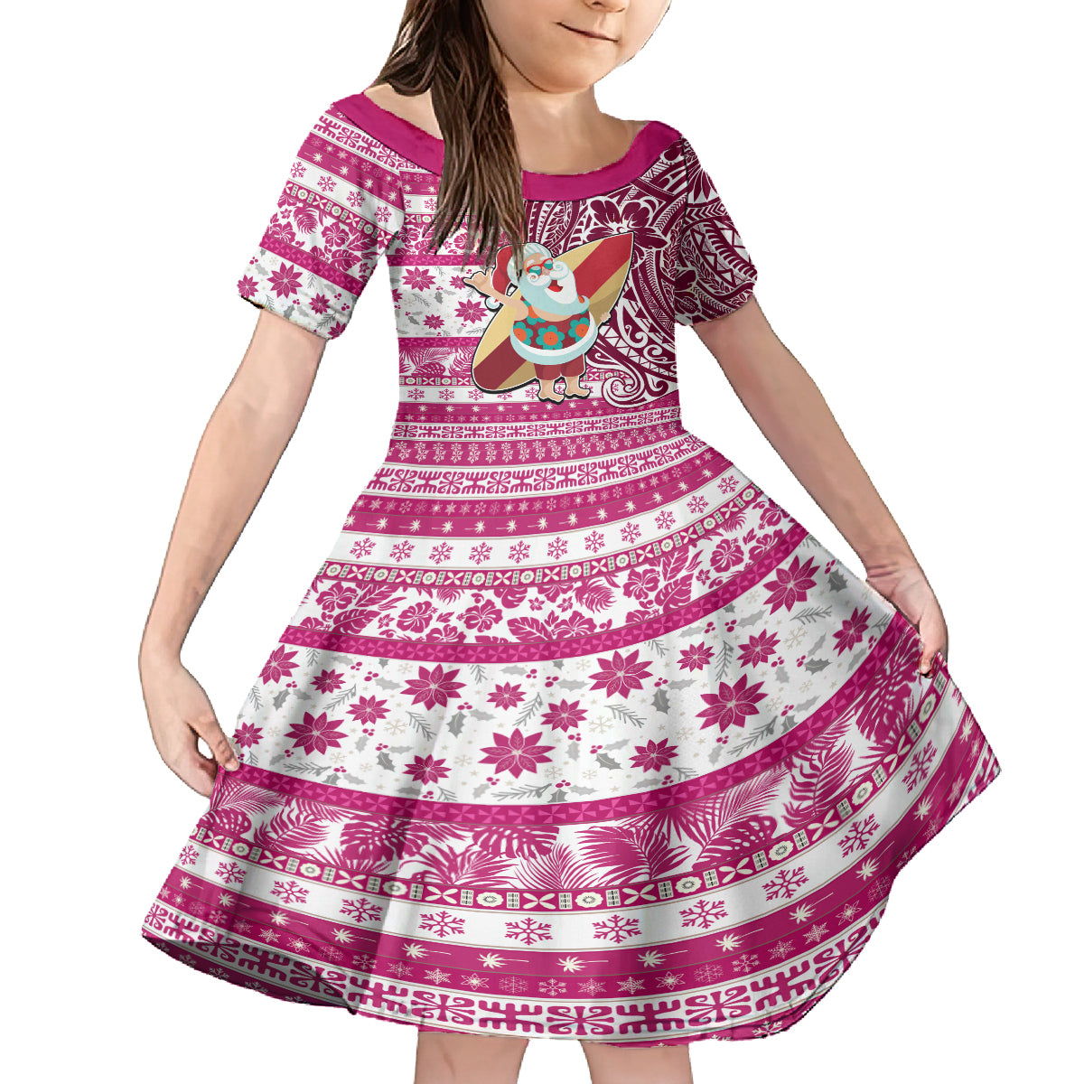 Custom Hawaii Mele Kalikimaka Family Matching Tank Maxi Dress and Hawaiian Shirt Santa Claus Surfing with Hawaiian Pattern Striped Pink Style LT03 Daughter's Dress Pink - Polynesian Pride