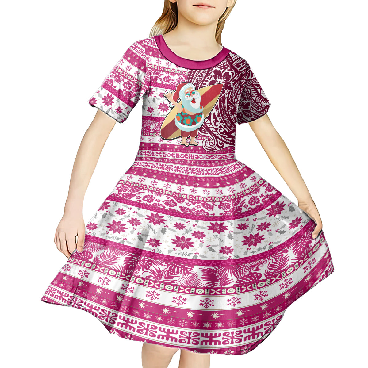Custom Hawaii Mele Kalikimaka Kid Short Sleeve Dress Santa Claus Surfing with Hawaiian Pattern Striped Pink Style LT03 - Polynesian Pride