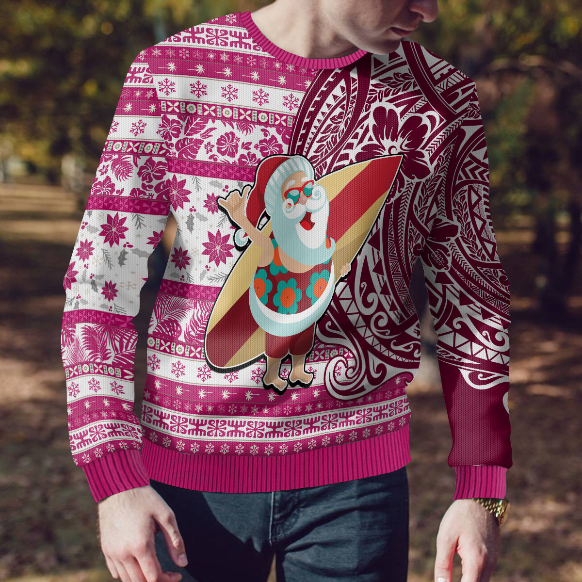 Custom Hawaii Mele Kalikimaka Ugly Christmas Sweater Santa Claus Surfing with Hawaiian Pattern Striped Pink Style LT03 - Polynesian Pride