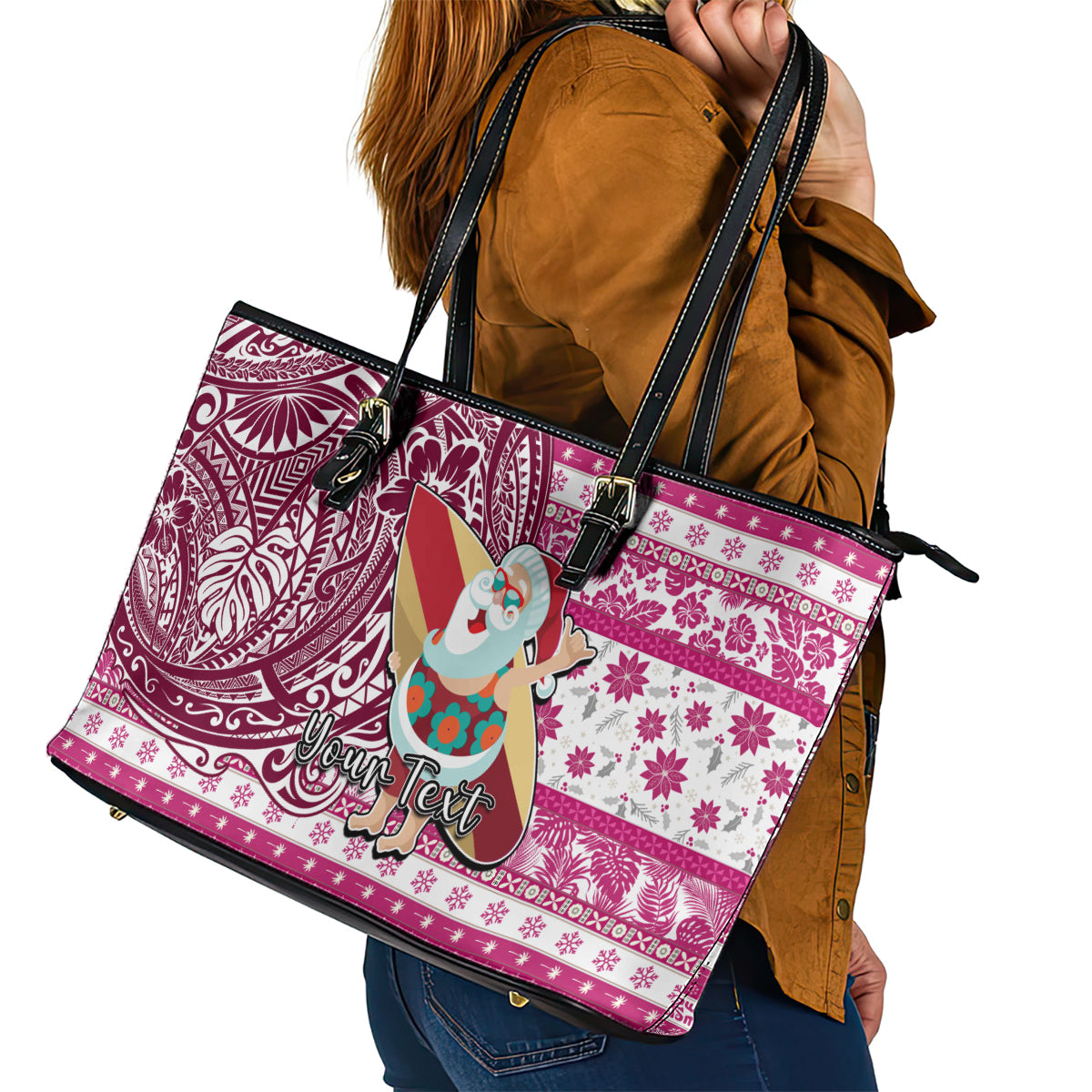 Custom Hawaii Mele Kalikimaka Leather Tote Bag Santa Claus Surfing with Hawaiian Pattern Striped Pink Style LT03 - Polynesian Pride