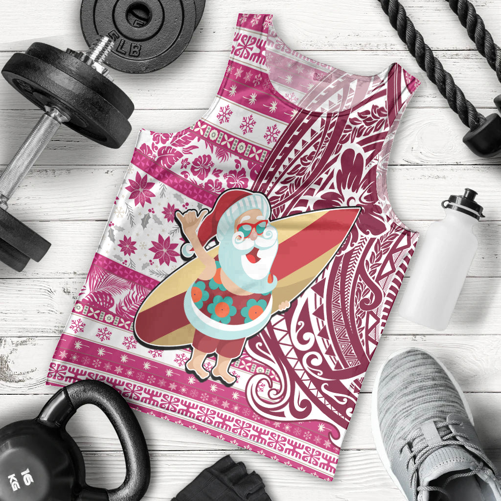 Custom Hawaii Mele Kalikimaka Men Tank Top Santa Claus Surfing with Hawaiian Pattern Striped Pink Style LT03 - Polynesian Pride