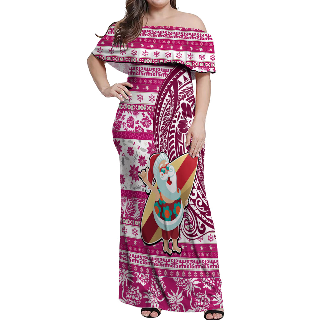 Custom Hawaii Mele Kalikimaka Off Shoulder Maxi Dress Santa Claus Surfing with Hawaiian Pattern Striped Pink Style LT03 Women Pink - Polynesian Pride