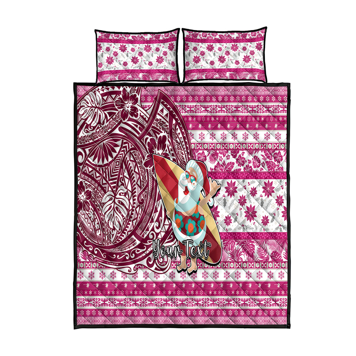 Custom Hawaii Mele Kalikimaka Quilt Bed Set Santa Claus Surfing with Hawaiian Pattern Striped Pink Style LT03 Pink - Polynesian Pride