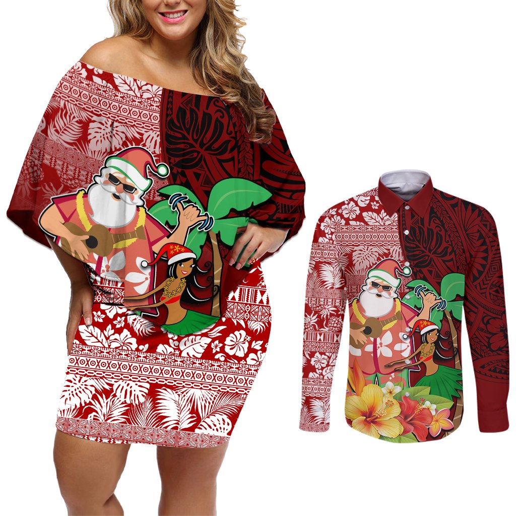 Hawaii Mele Kalikimaka Couples Matching Off Shoulder Short Dress and Long Sleeve Button Shirt Santa Claus and Hula Girl Tropical Folwer with Hawaiian Pattern LT03 Red - Polynesian Pride