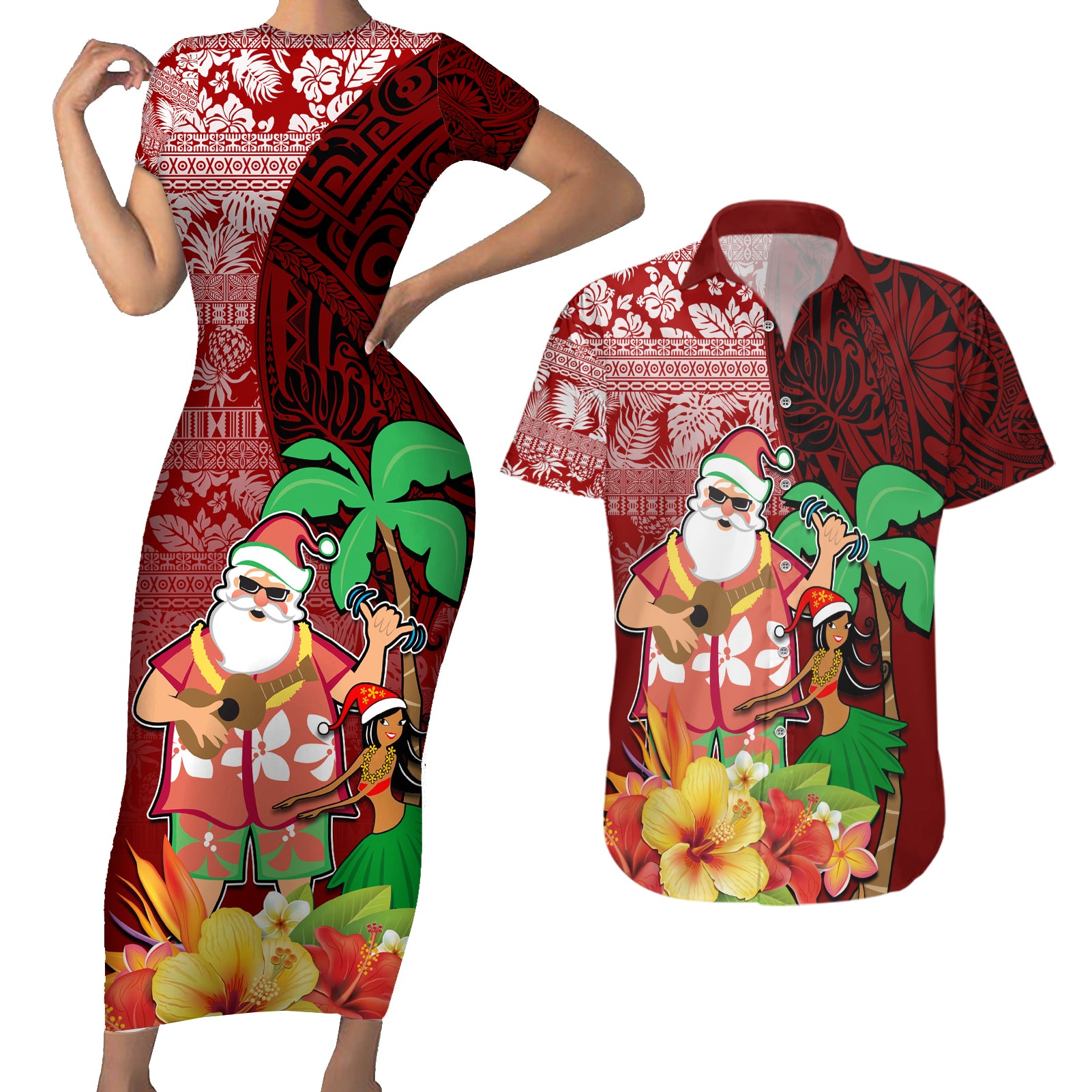 Hawaii Mele Kalikimaka Couples Matching Short Sleeve Bodycon Dress and Hawaiian Shirt Santa Claus and Hula Girl Tropical Folwer with Hawaiian Pattern LT03 Red - Polynesian Pride