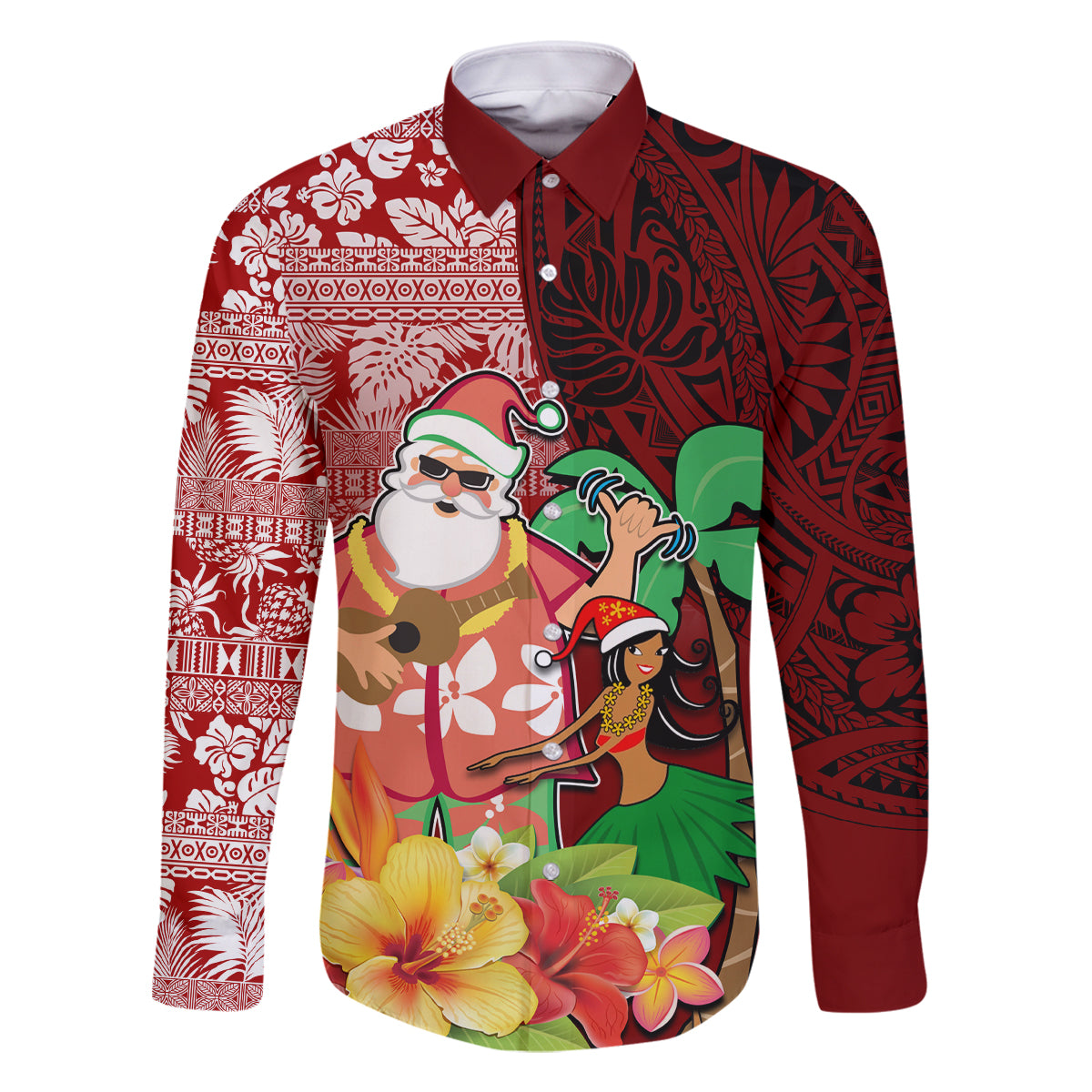 Hawaii Mele Kalikimaka Family Matching Off Shoulder Long Sleeve Dress and Hawaiian Shirt Santa Claus and Hula Girl Tropical Folwer with Hawaiian Pattern LT03 Dad's Shirt - Long Sleeve Red - Polynesian Pride