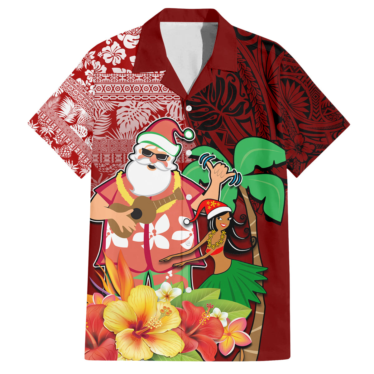 Hawaii Mele Kalikimaka Family Matching Off Shoulder Maxi Dress and Hawaiian Shirt Santa Claus and Hula Girl Tropical Folwer with Hawaiian Pattern LT03 Dad's Shirt - Short Sleeve Red - Polynesian Pride