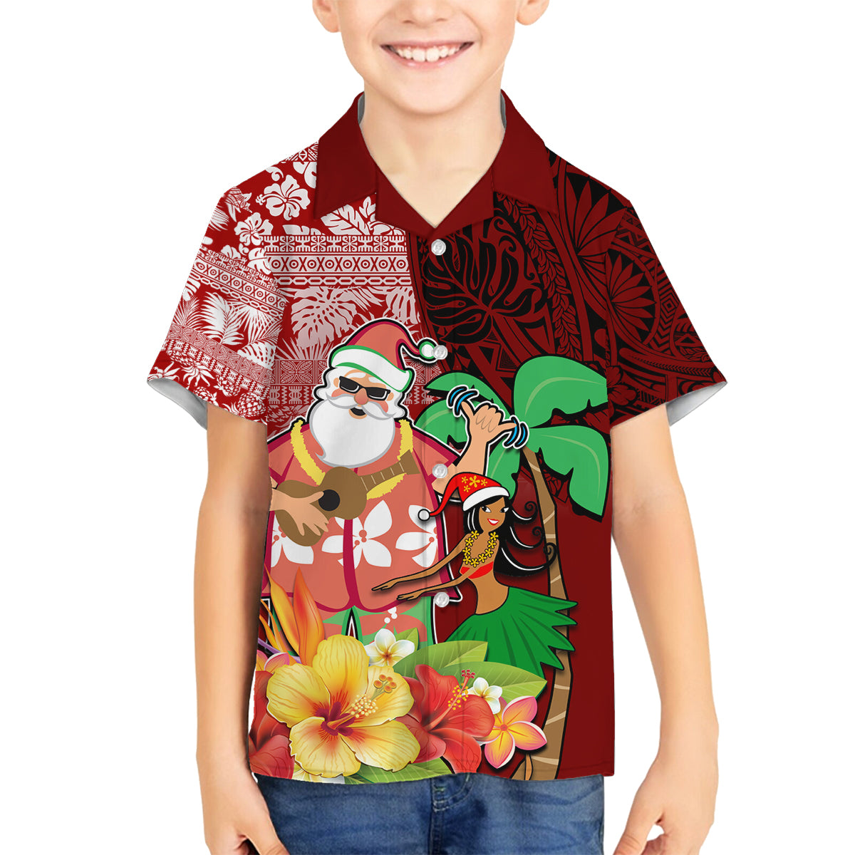 Hawaii Mele Kalikimaka Family Matching Summer Maxi Dress and Hawaiian Shirt Santa Claus and Hula Girl Tropical Folwer with Hawaiian Pattern LT03 Son's Shirt Red - Polynesian Pride