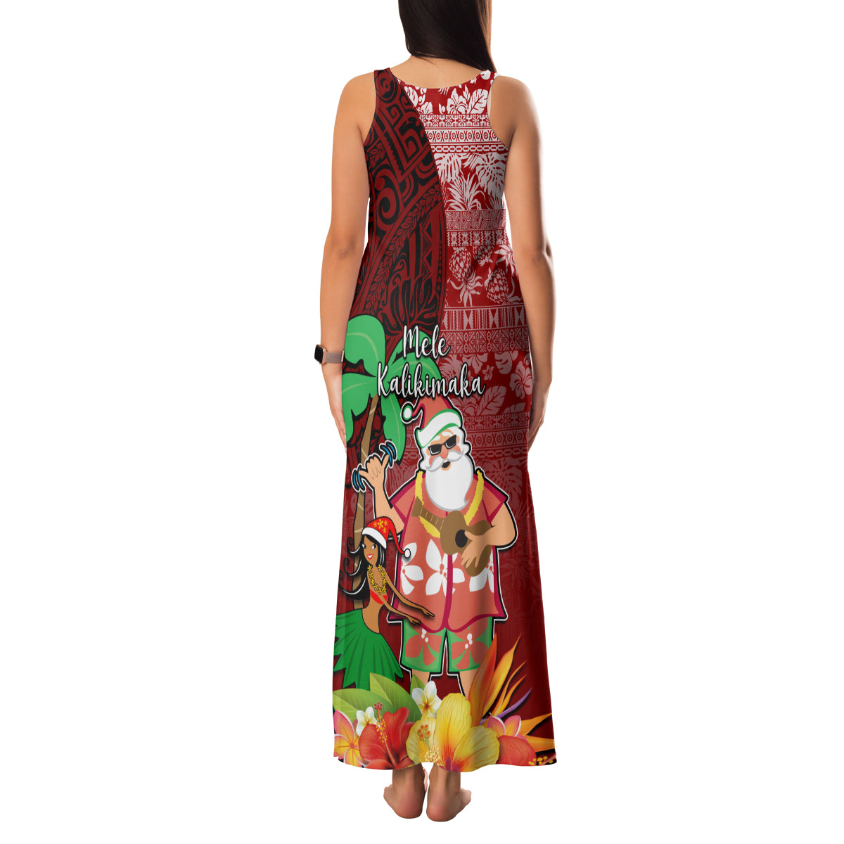 Hawaii Mele Kalikimaka Family Matching Tank Maxi Dress and Hawaiian Shirt Santa Claus and Hula Girl Tropical Folwer with Hawaiian Pattern LT03 - Polynesian Pride