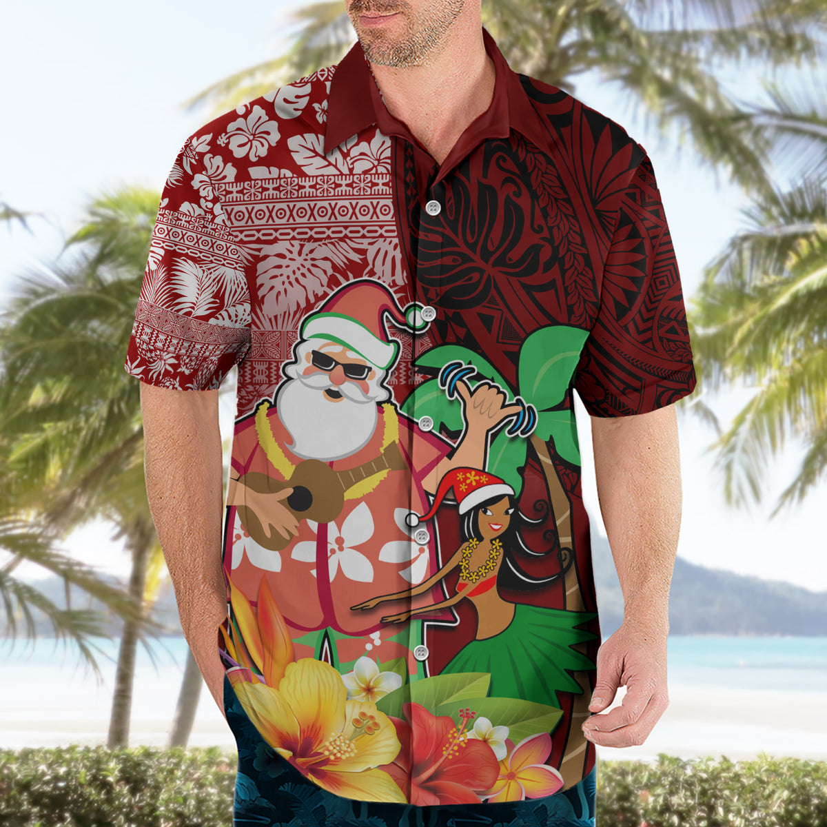 Hawaii Mele Kalikimaka Hawaiian Shirt Santa Claus and Hula Girl Tropical Folwer with Hawaiian Pattern LT03 - Polynesian Pride