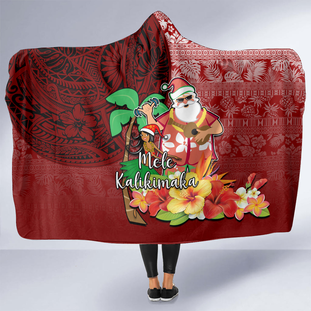 Hawaii Mele Kalikimaka Hooded Blanket Santa Claus and Hula Girl Tropical Folwer with Hawaiian Pattern LT03 - Polynesian Pride